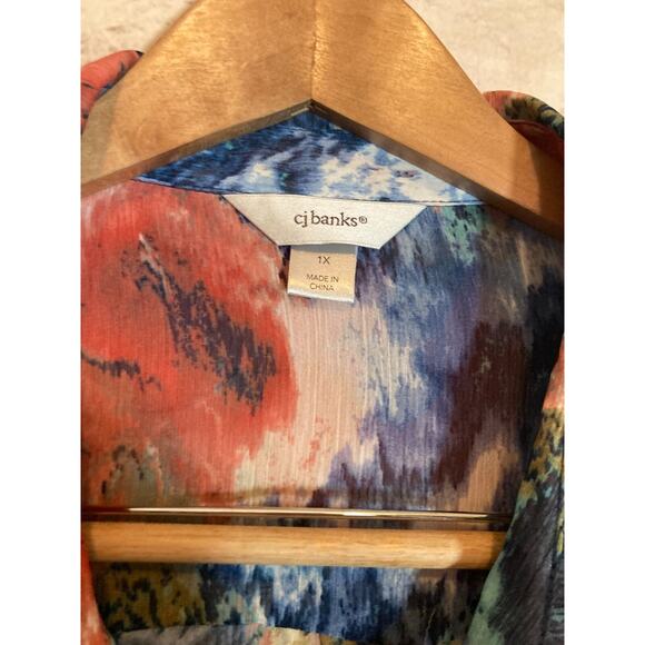 CJ Banks Top Womens 1X Watercolor Art To Wear Button Up Semi Sheer Artsy Flowy - Picture 3 of 14